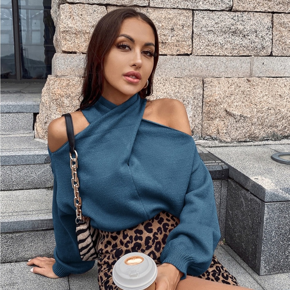 Cozy Blue twist neck cold shoulder Knit Sweater